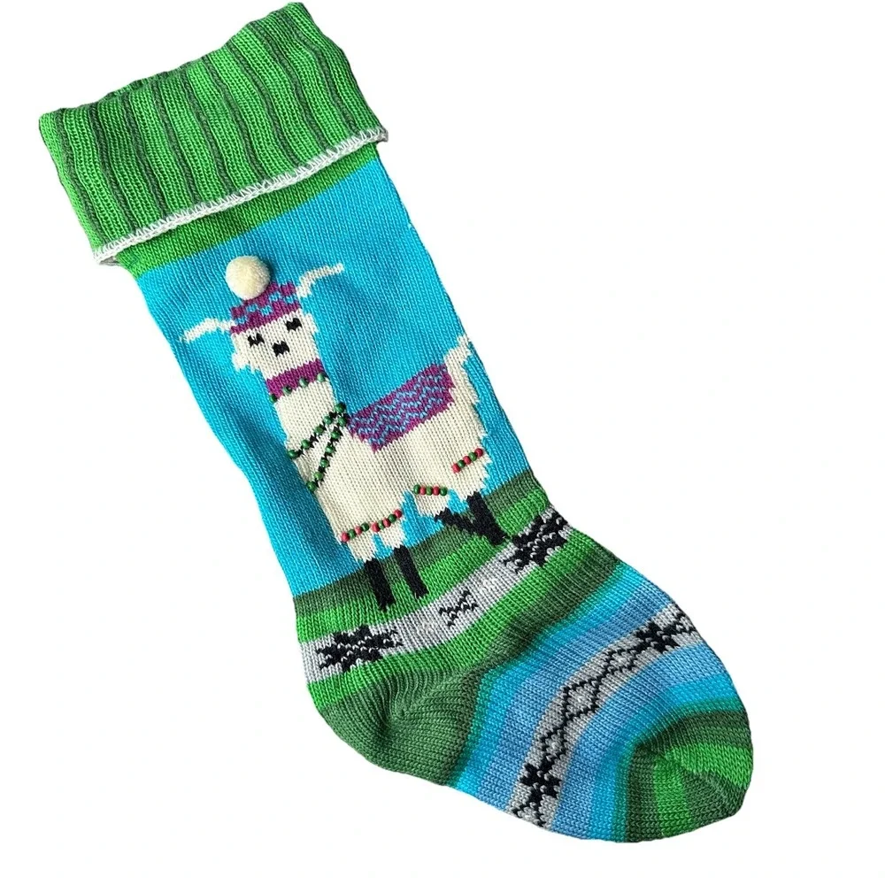 Vintage Hand Knitted Llama‎ Christmas Stocking 21 Inch Beads Accent Green Blue
